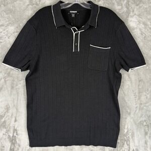 Express Mens Black Ribbed Knit Short Sleeve Polo Shirt With White Trim Size M